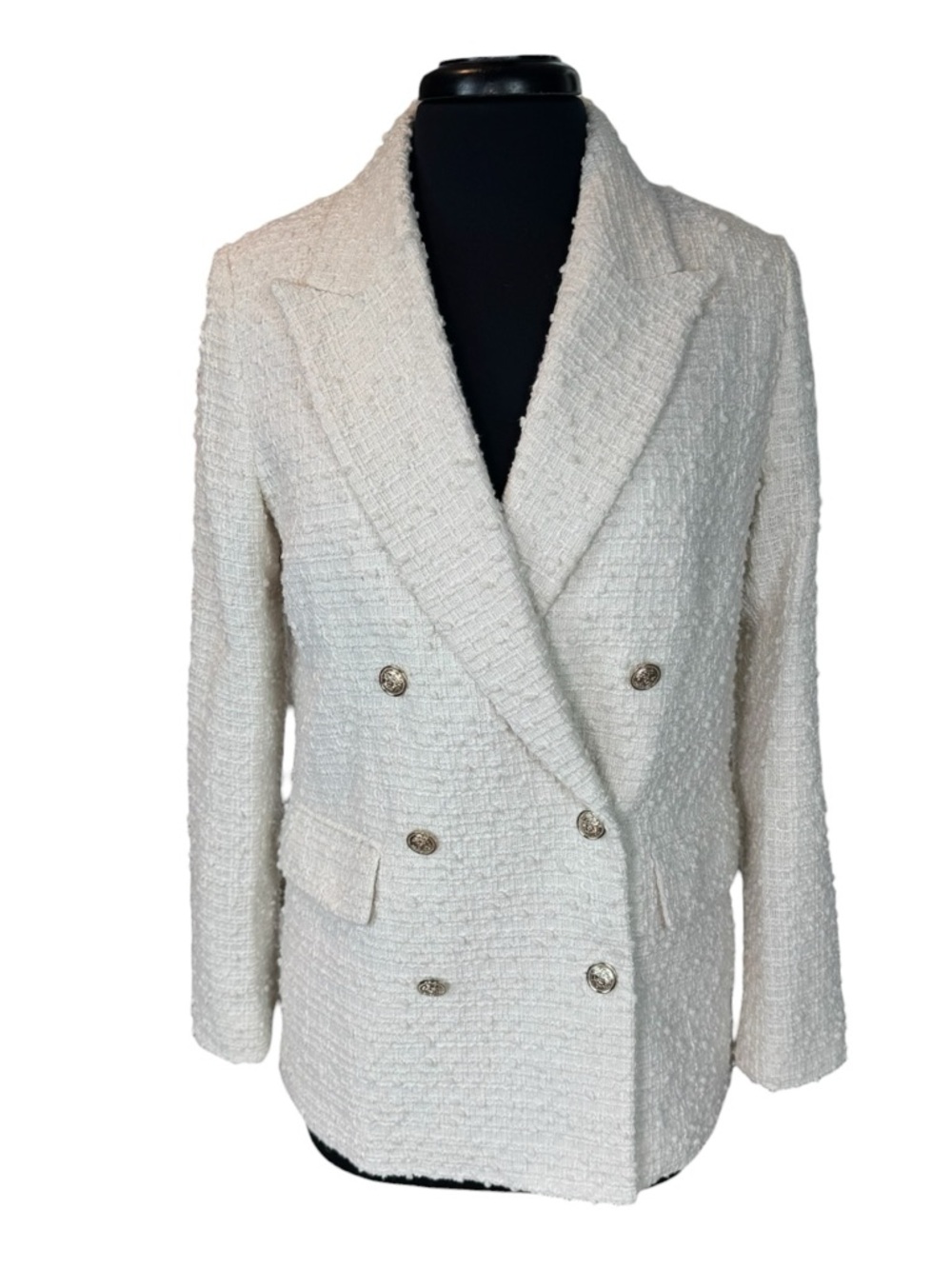 H&M Ivory Bouclé Tweed Double Breasted Blazer Gold Crest Buttons Size Small NWOT